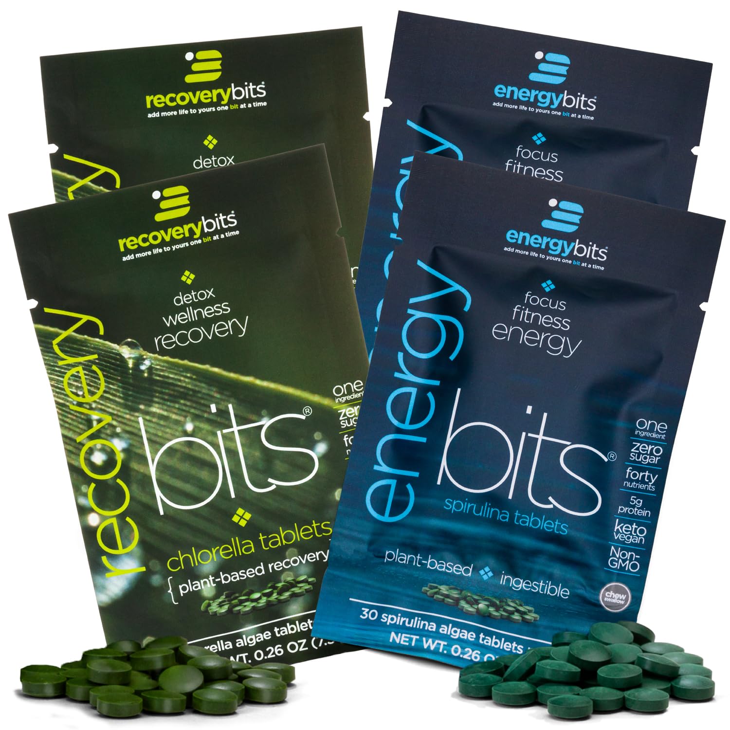 ENERGYBITS Chlorella and Spirulina Tablets front view