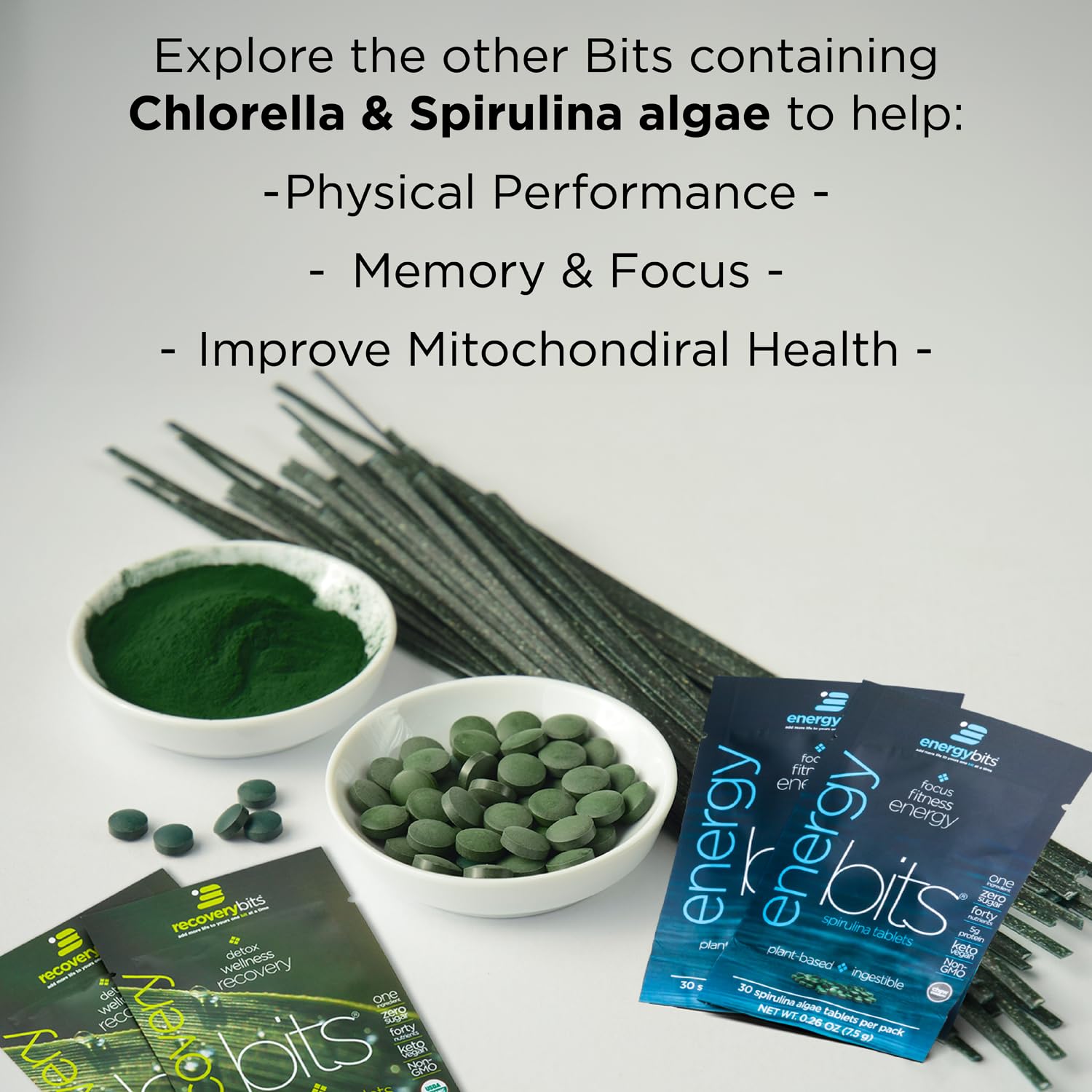 ENERGYBITS Chlorella and Spirulina Tablets with smoothie ingredients