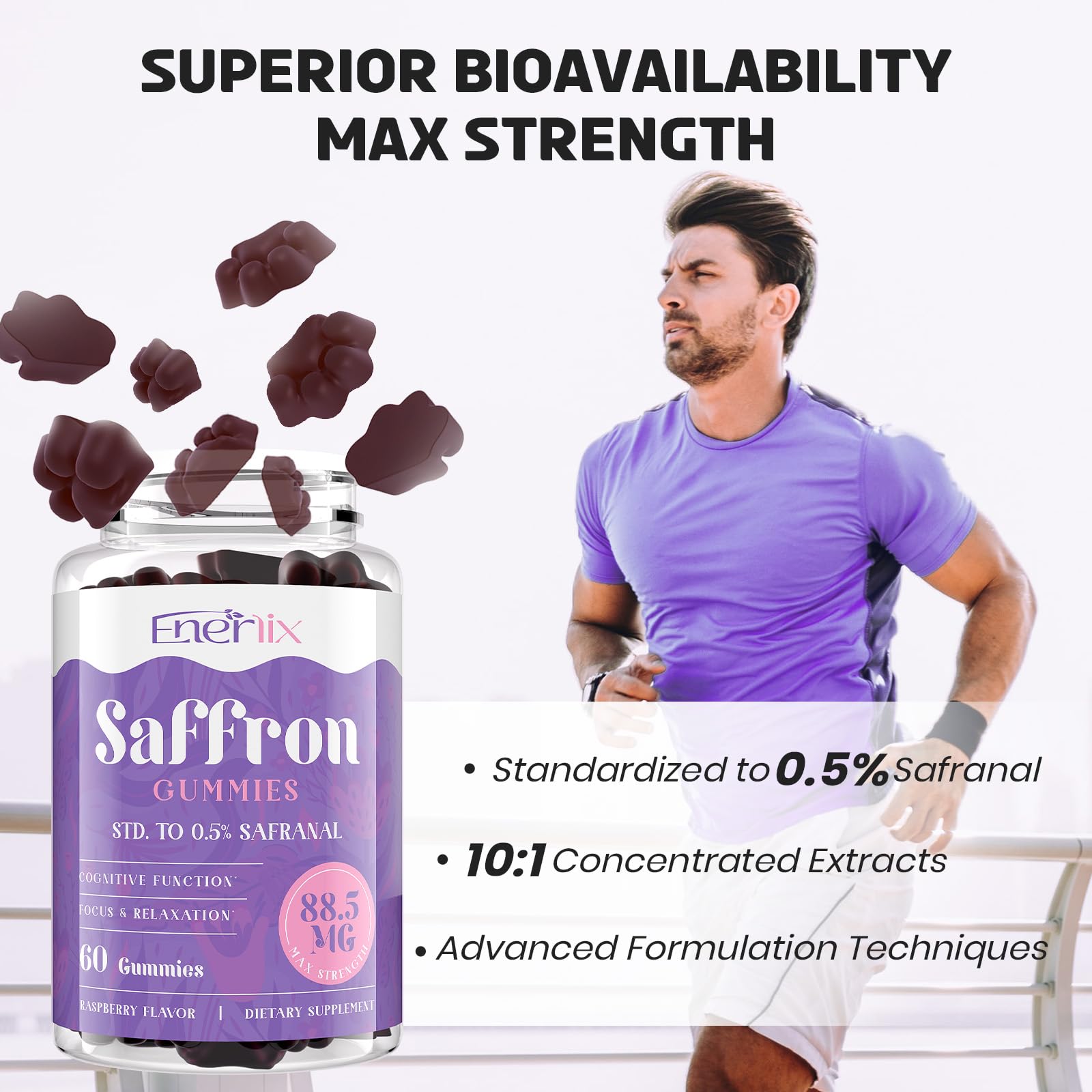 Enerlix Saffron Gummies with ingredients displayed