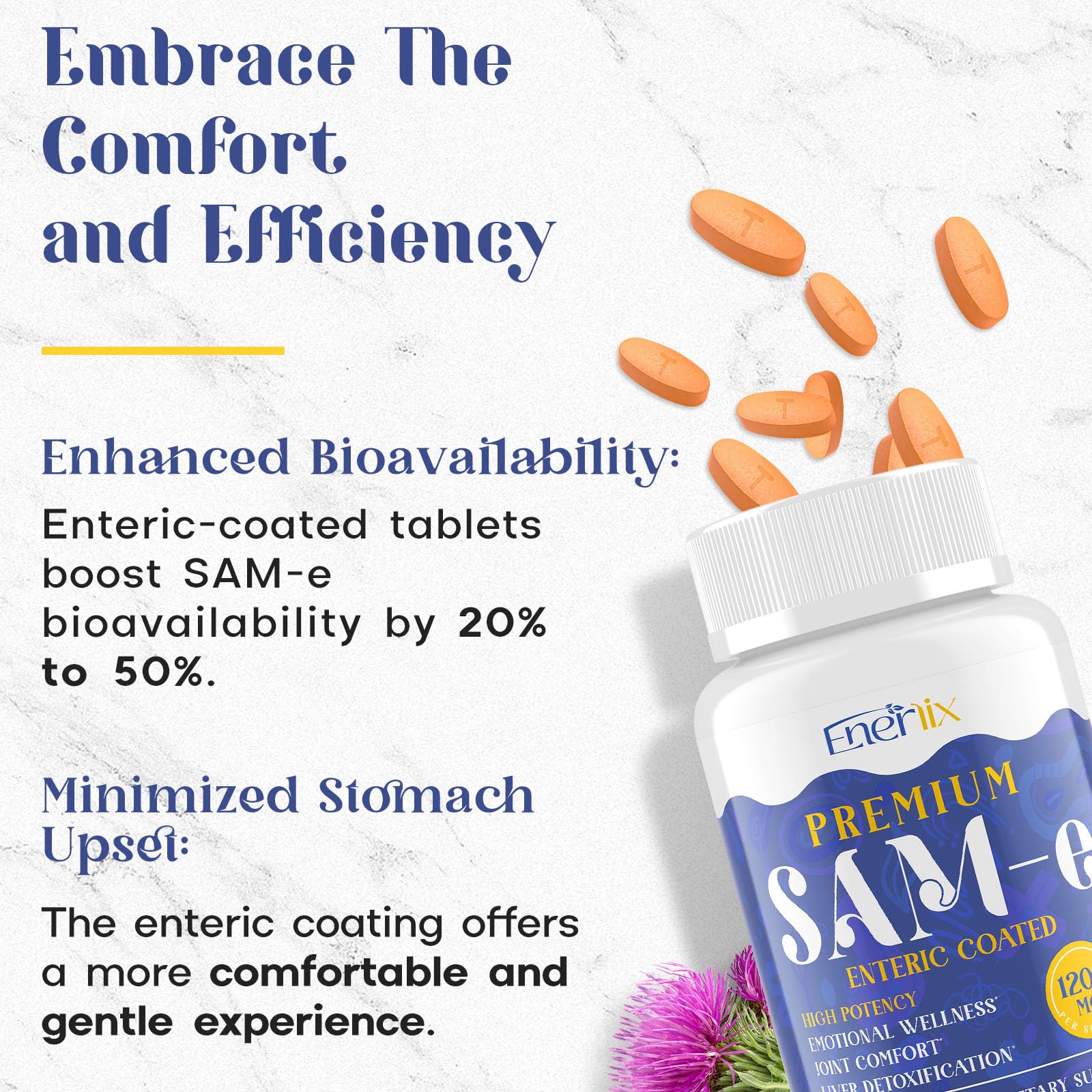 Enerlix SAM-e Supplement 800mg tablets on a table