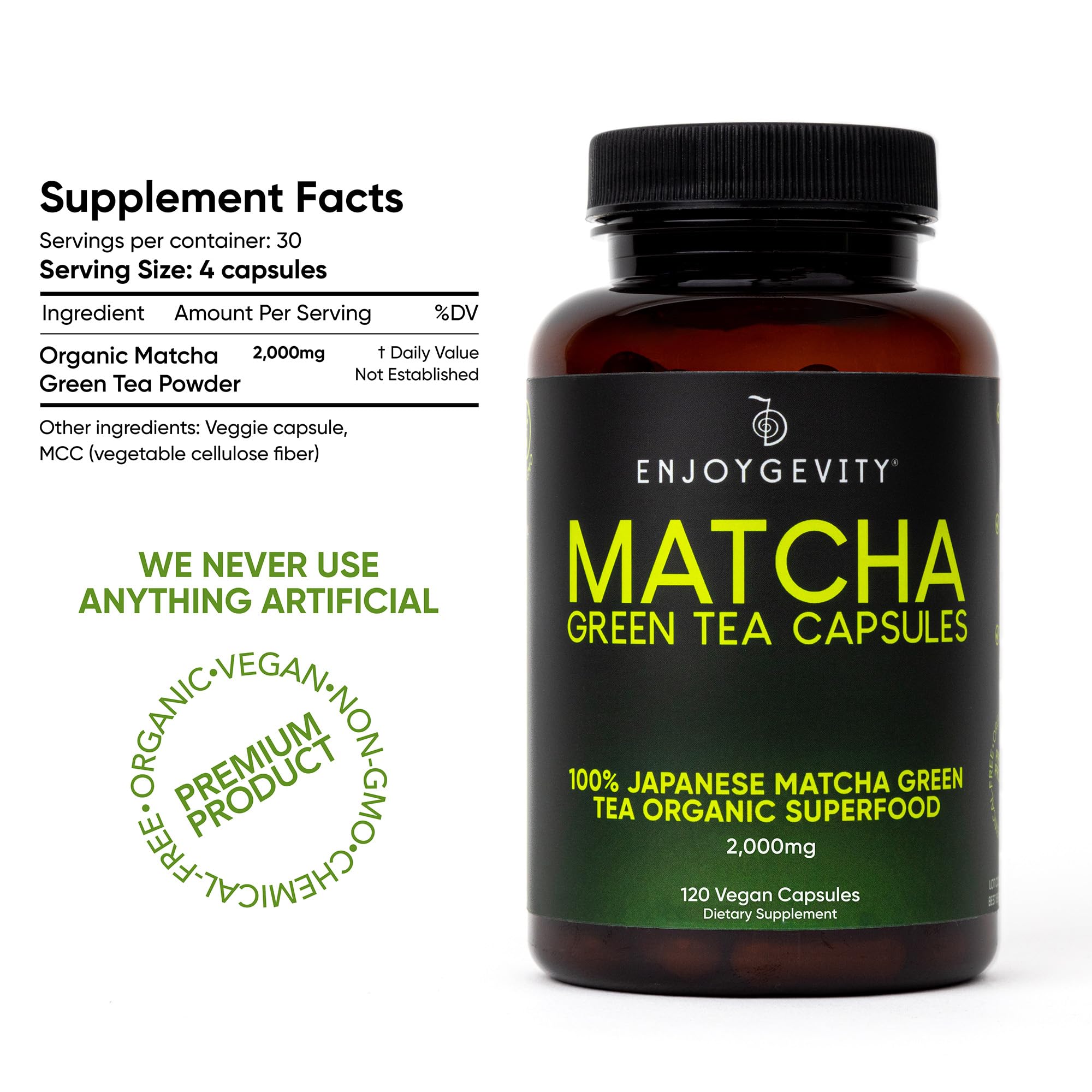 EnjoyGevity Matcha Green Tea Capsules open bottle with capsules