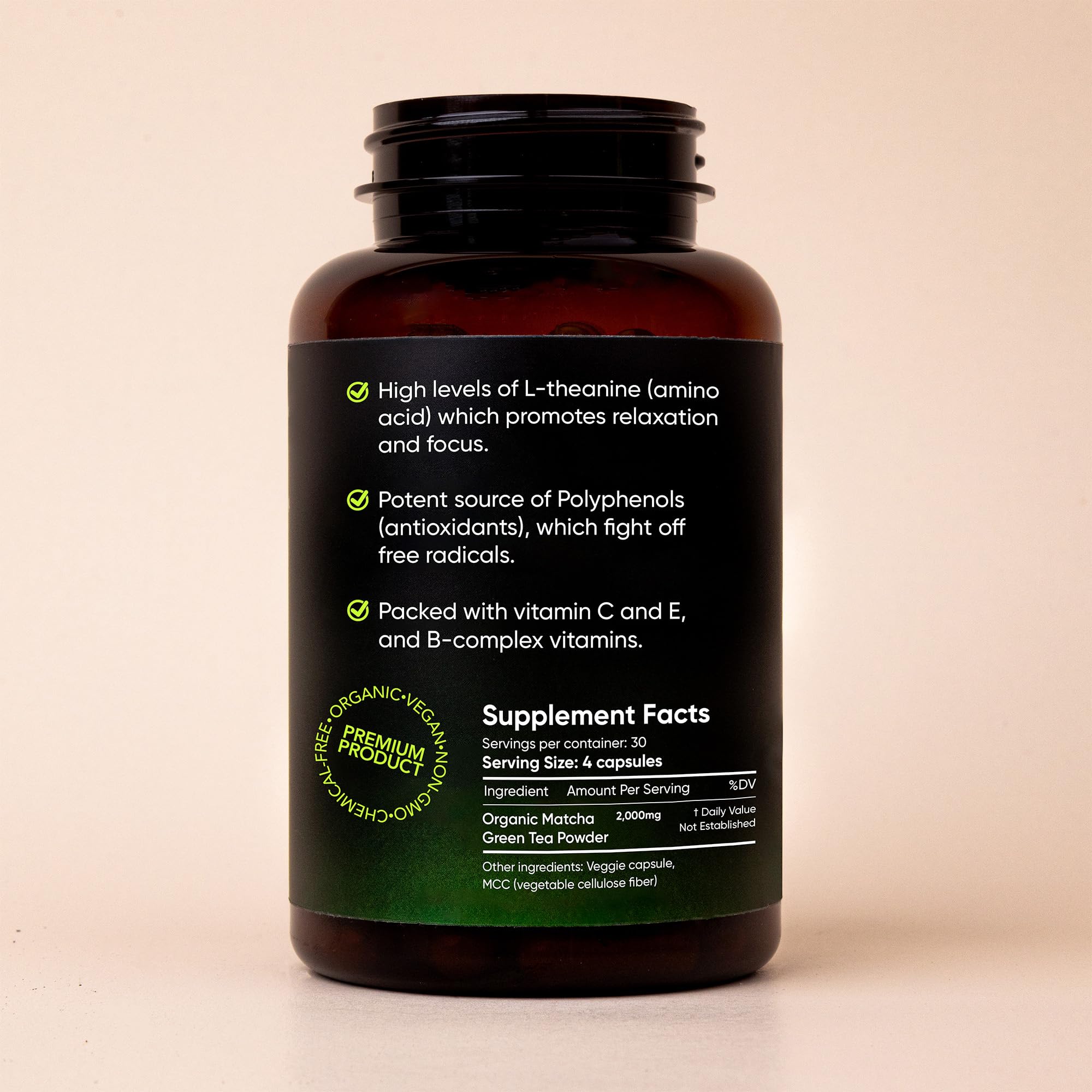 EnjoyGevity Matcha Green Tea Capsules packaging with ingredients list