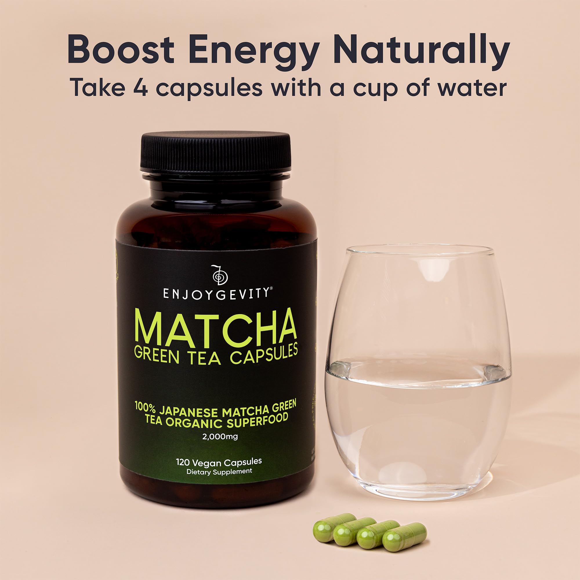 EnjoyGevity Matcha Green Tea Capsules with a cup of water