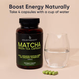 EnjoyGevity Matcha Green Tea Capsules with a cup of water