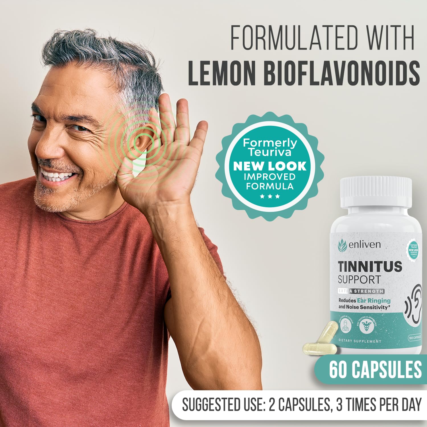 enliven Tinnitus Relief Supplement caplets in a hand
