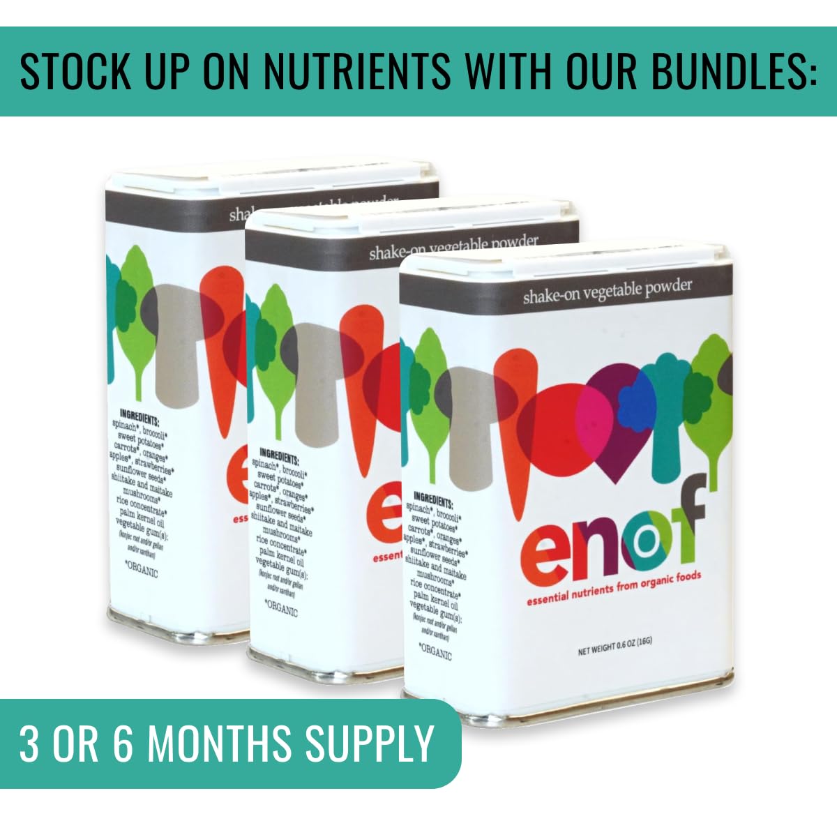 ENOF Organic Fruit and Veggie Powder displayed with cooking utensils