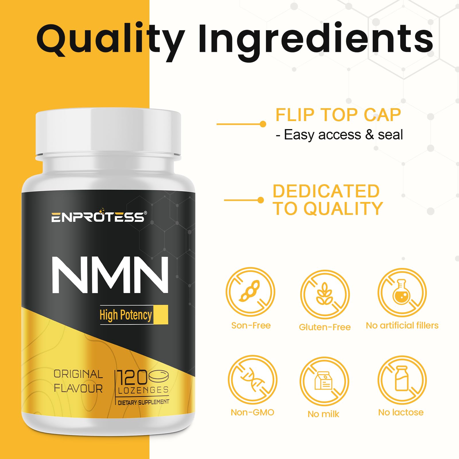 Enprotess NMN 500mg lozenges displayed with a glass of water