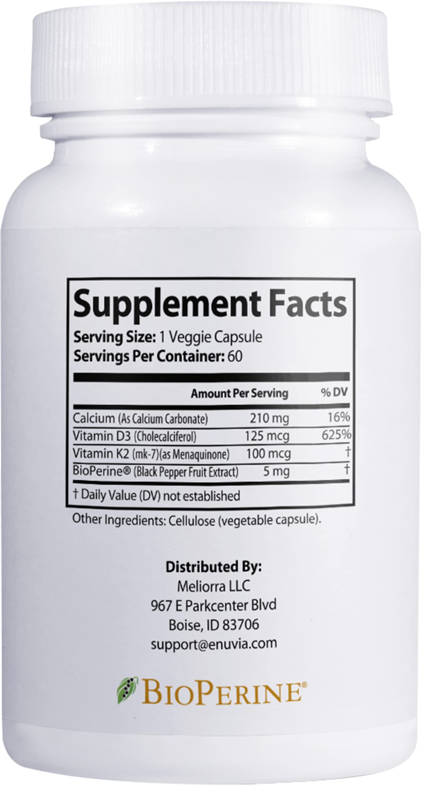 Enuvia Vitamin D3 + K2 supplement capsule side view
