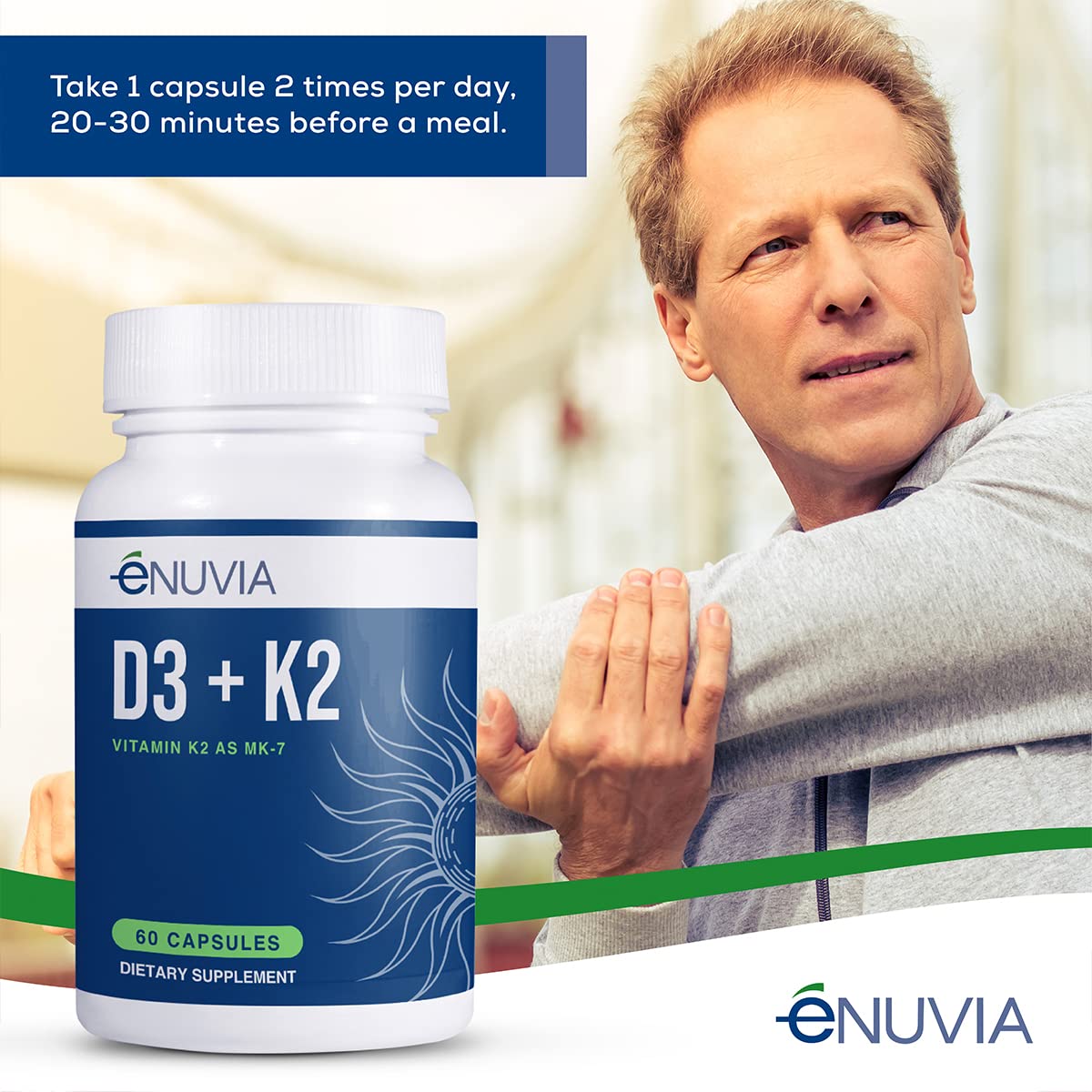 Enuvia Vitamin D3 + K2 supplement capsule with glass of water