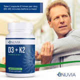 Enuvia Vitamin D3 + K2 supplement capsule with glass of water
