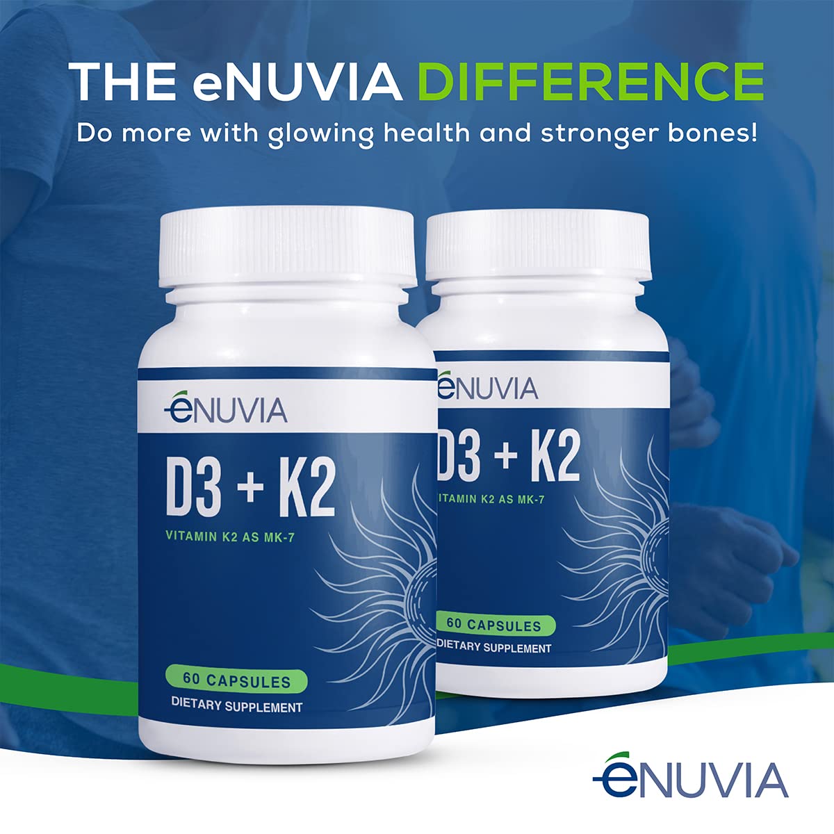 Enuvia Vitamin D3 + K2 supplement capsules on a table