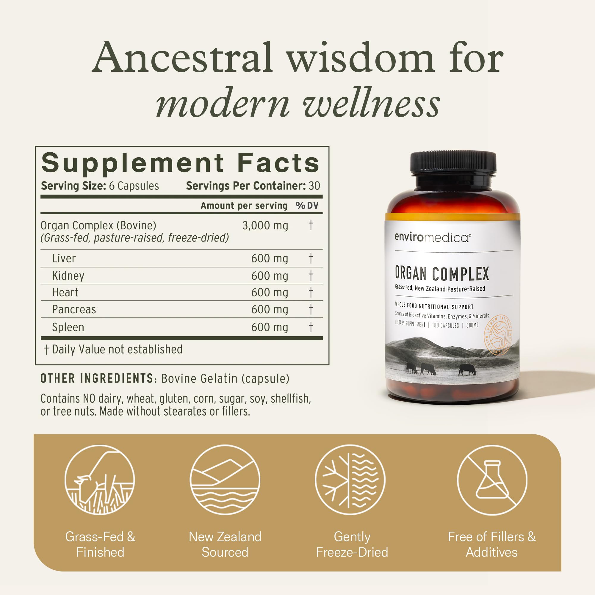 Enviromedica 5-in-1 Bovine Organ Supplement on a kitchen counter