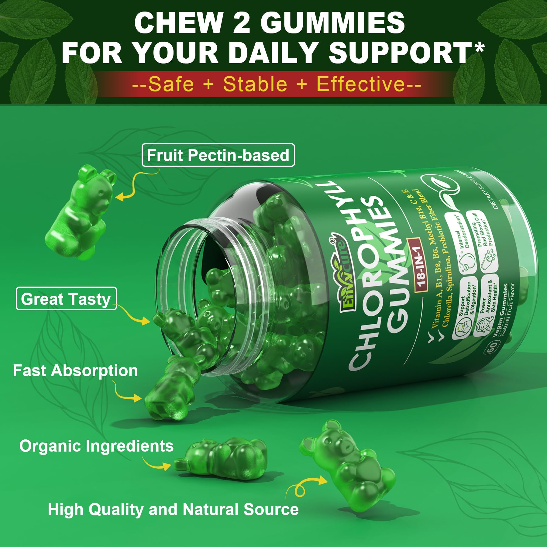 EnvyCure Chlorophyll Gummies opened with some gummies on the side