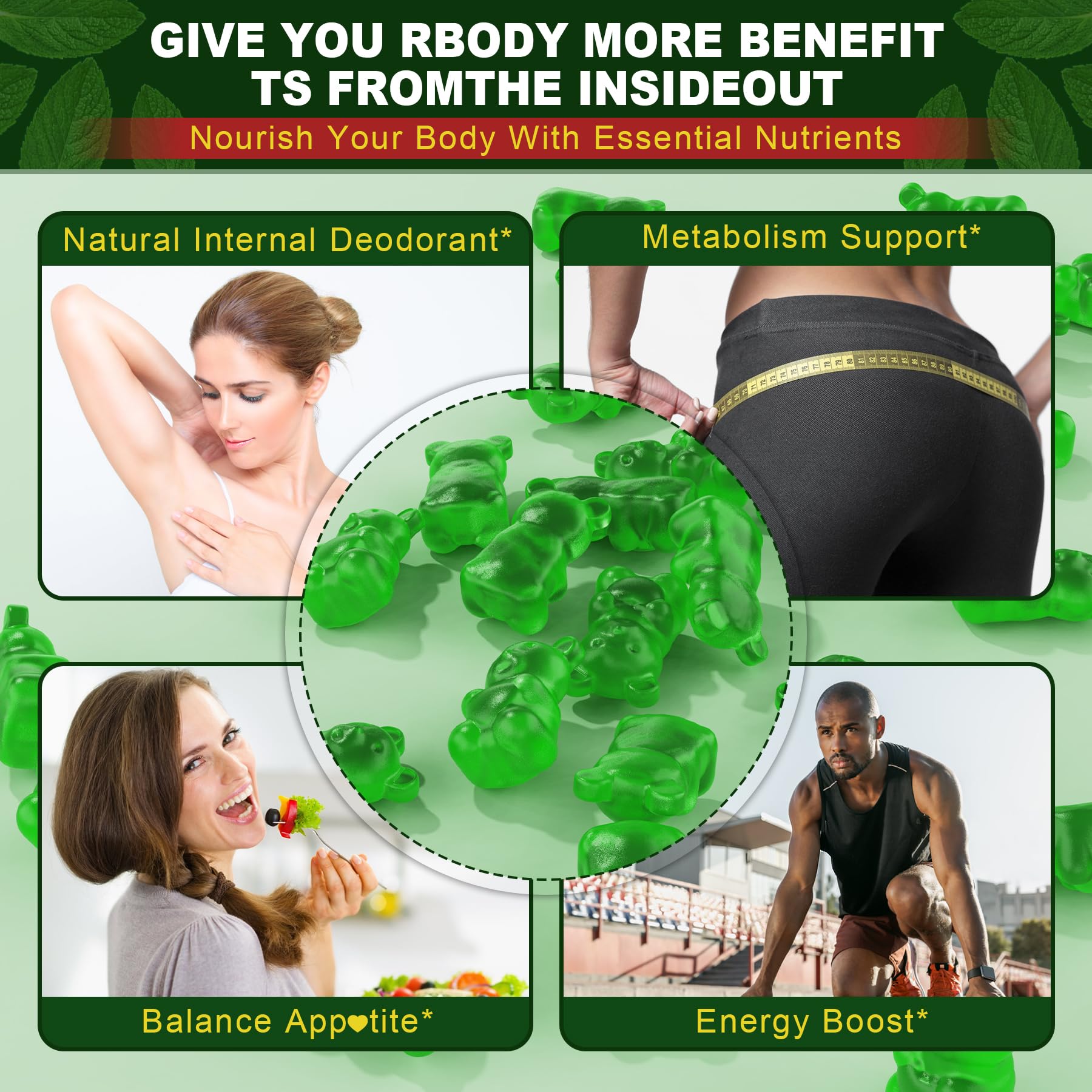 EnvyCure Chlorophyll Gummies with a fresh green background