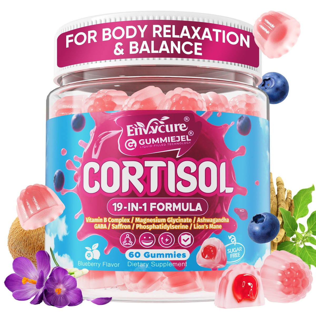EnvyCure Cortisol Gummies 240g front view with blueberry flavour