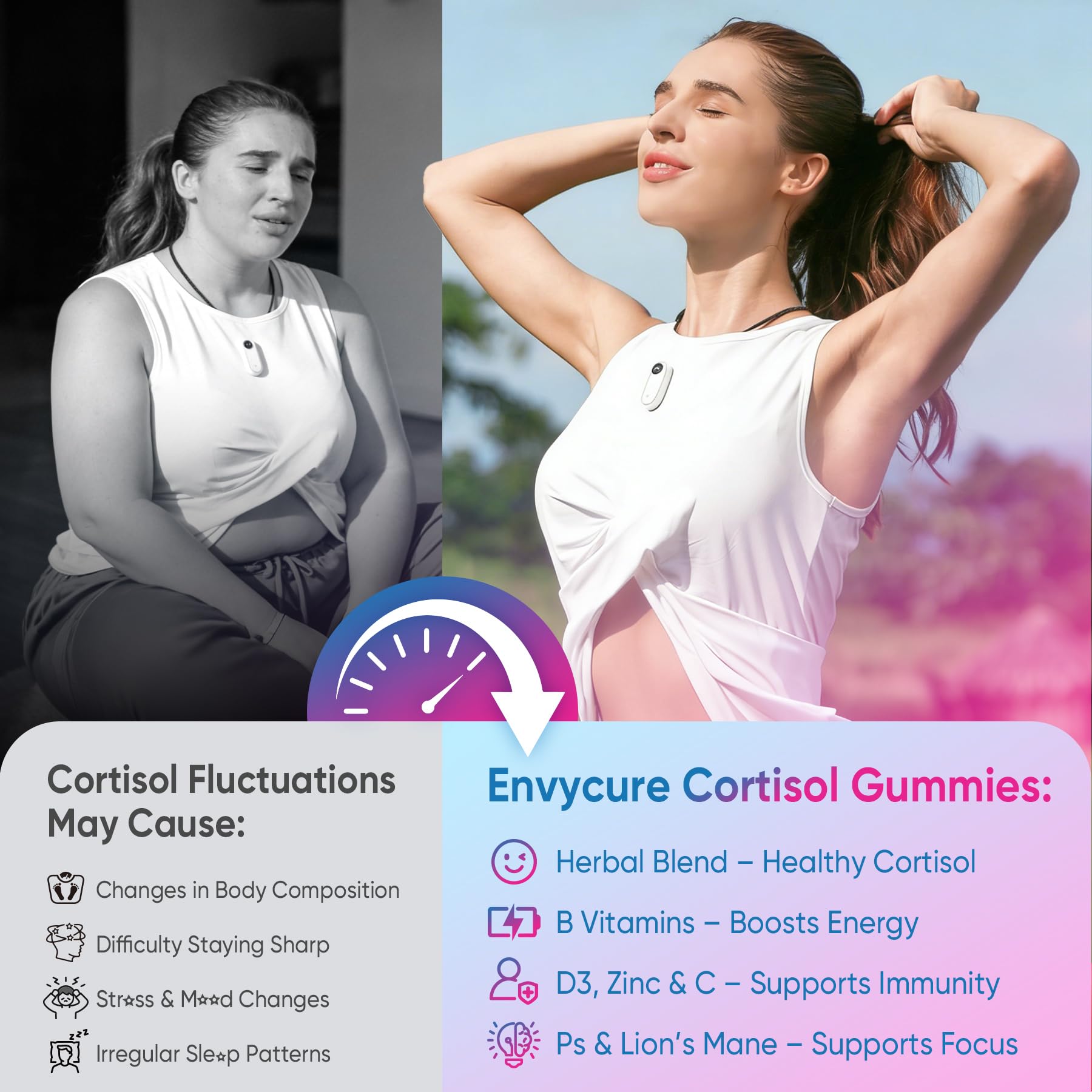 EnvyCure Cortisol Gummies 240g lifestyle scene with a glass of water