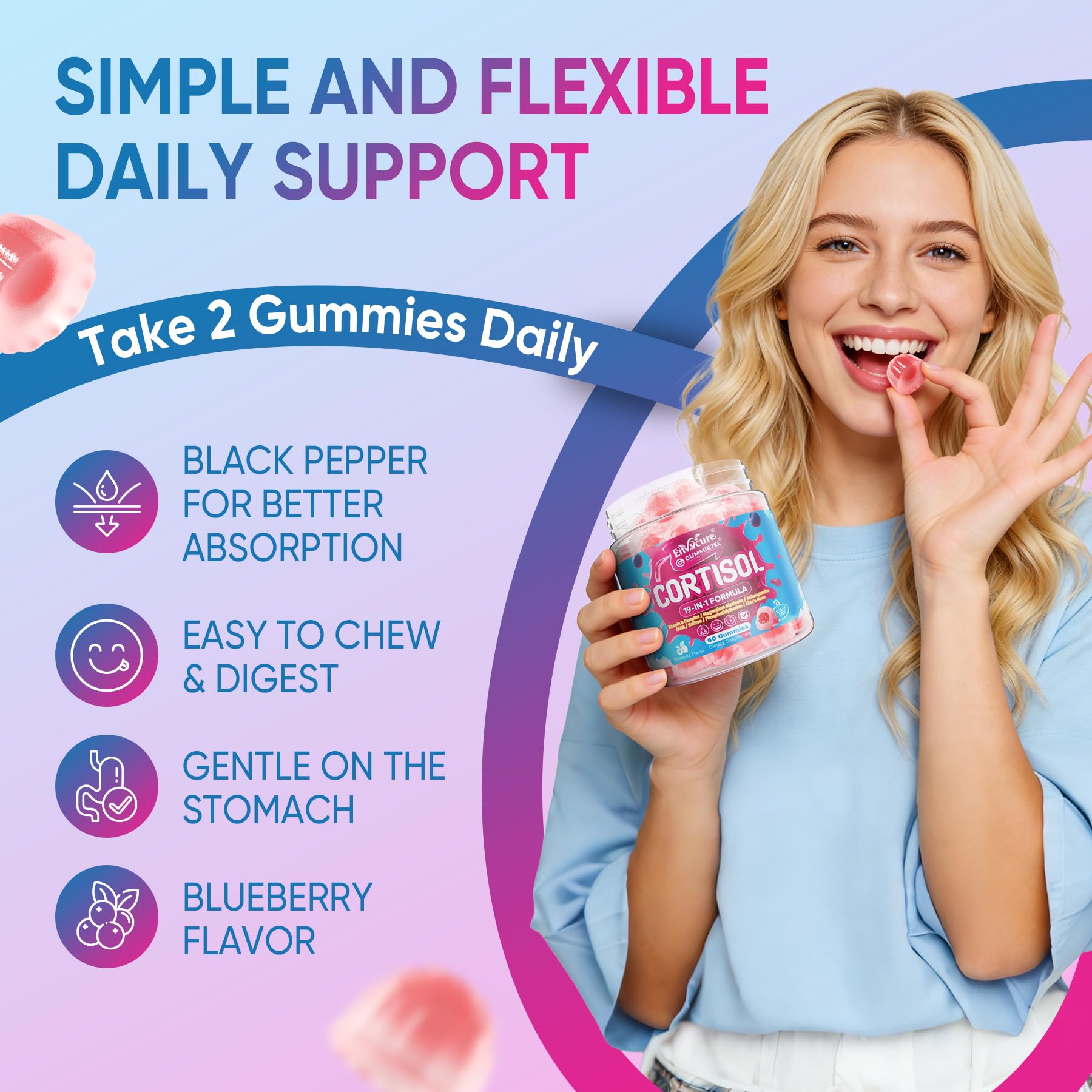 EnvyCure Cortisol Gummies 240g with a measuring spoon