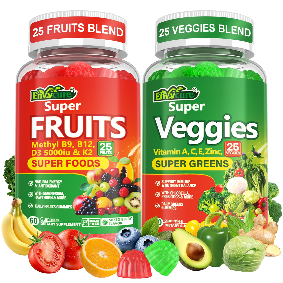 EnvyCure Fruits and Veggies Gummies front view with packaging