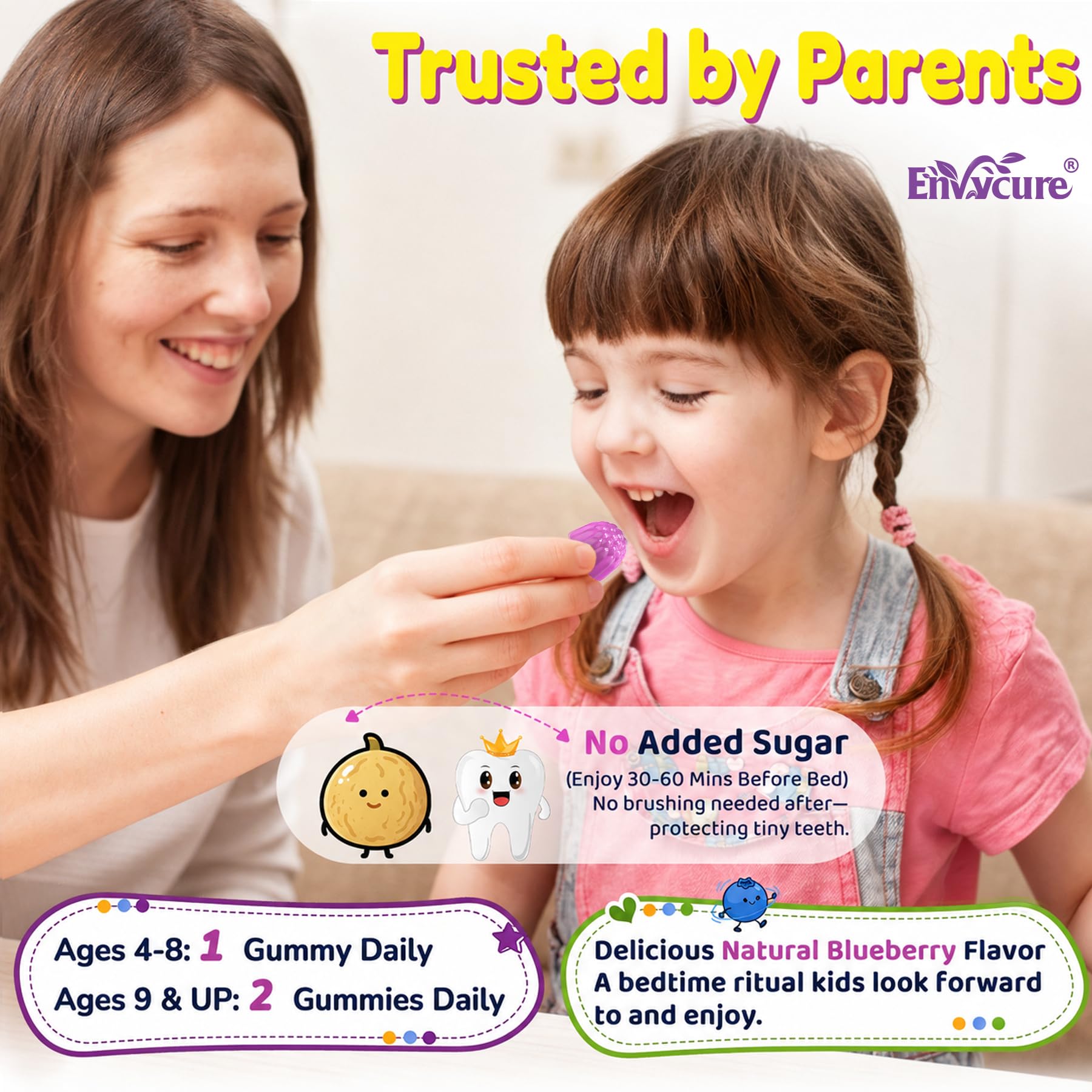 EnvyCure Kids Sleep Gummies Saffron with a child smiling