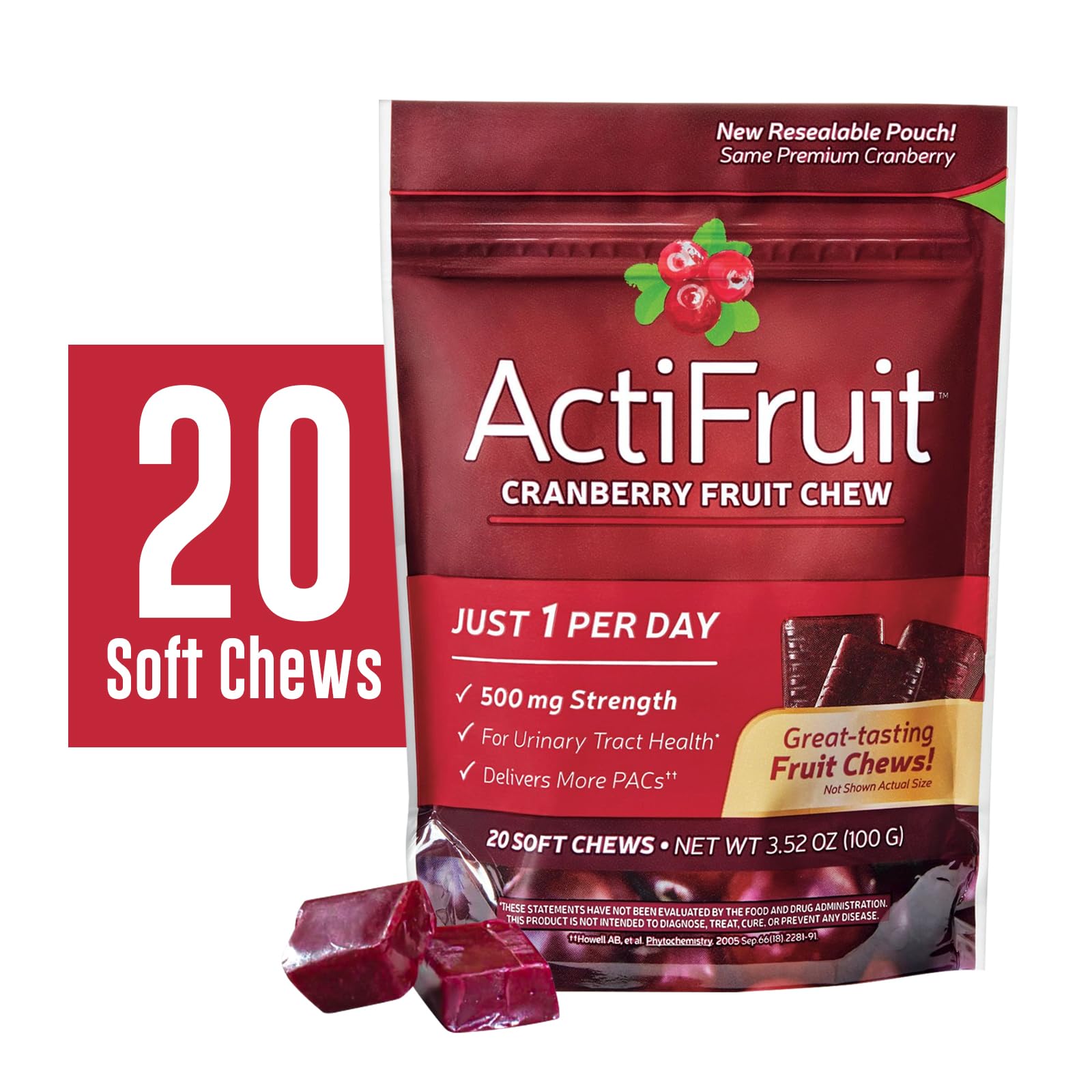 Enzymatic Therapy Cran-Max Whole Fruit Chews side view with nutritional information