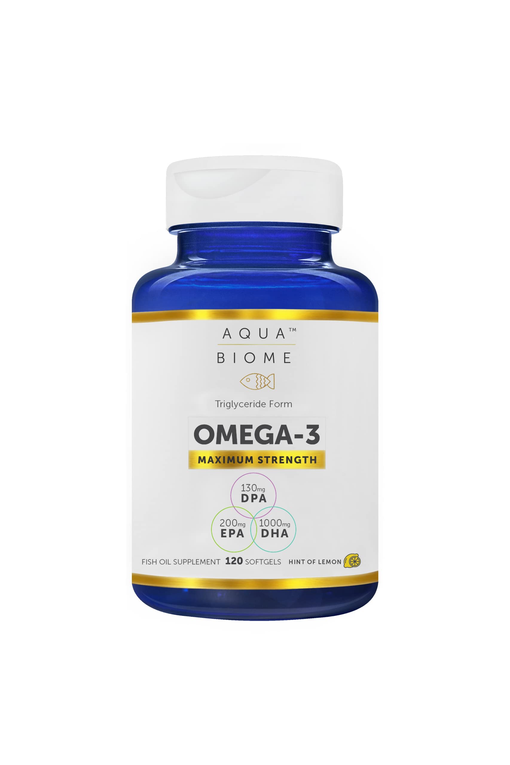 Enzymedica Aqua-Biome Fish Oil Maximum Strength softgel capsules in a clear bottle