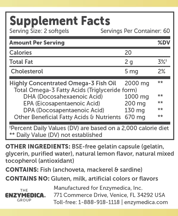 Enzymedica Aqua-Biome Fish Oil Maximum Strength softgel capsules on a wooden surface