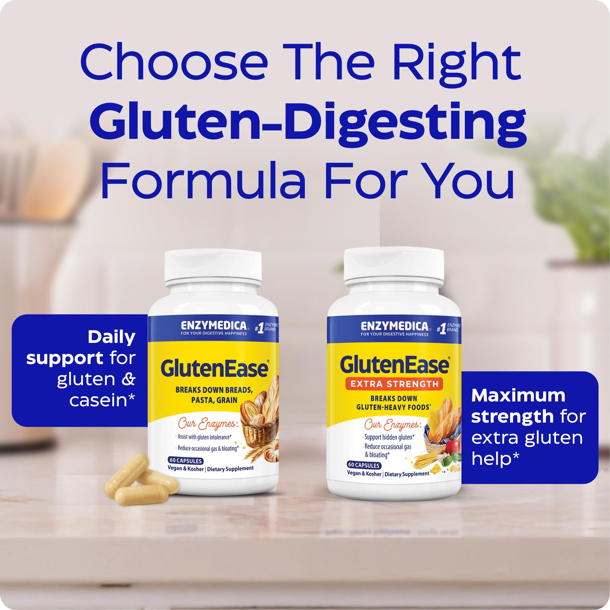 Enzymedica GlutenEase Extra Strength 45g packaging with a kitchen background