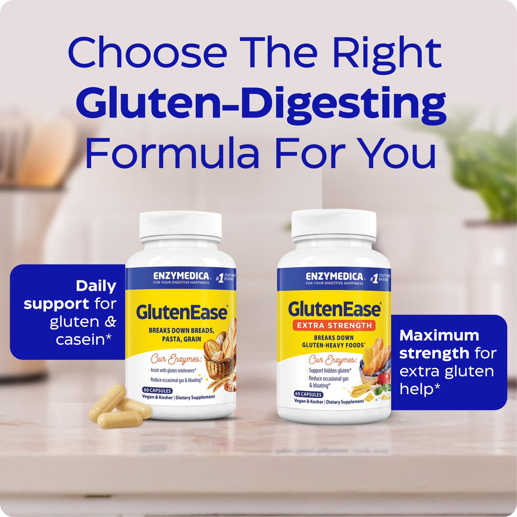 Enzymedica GlutenEase Extra Strength supplement on kitchen counter