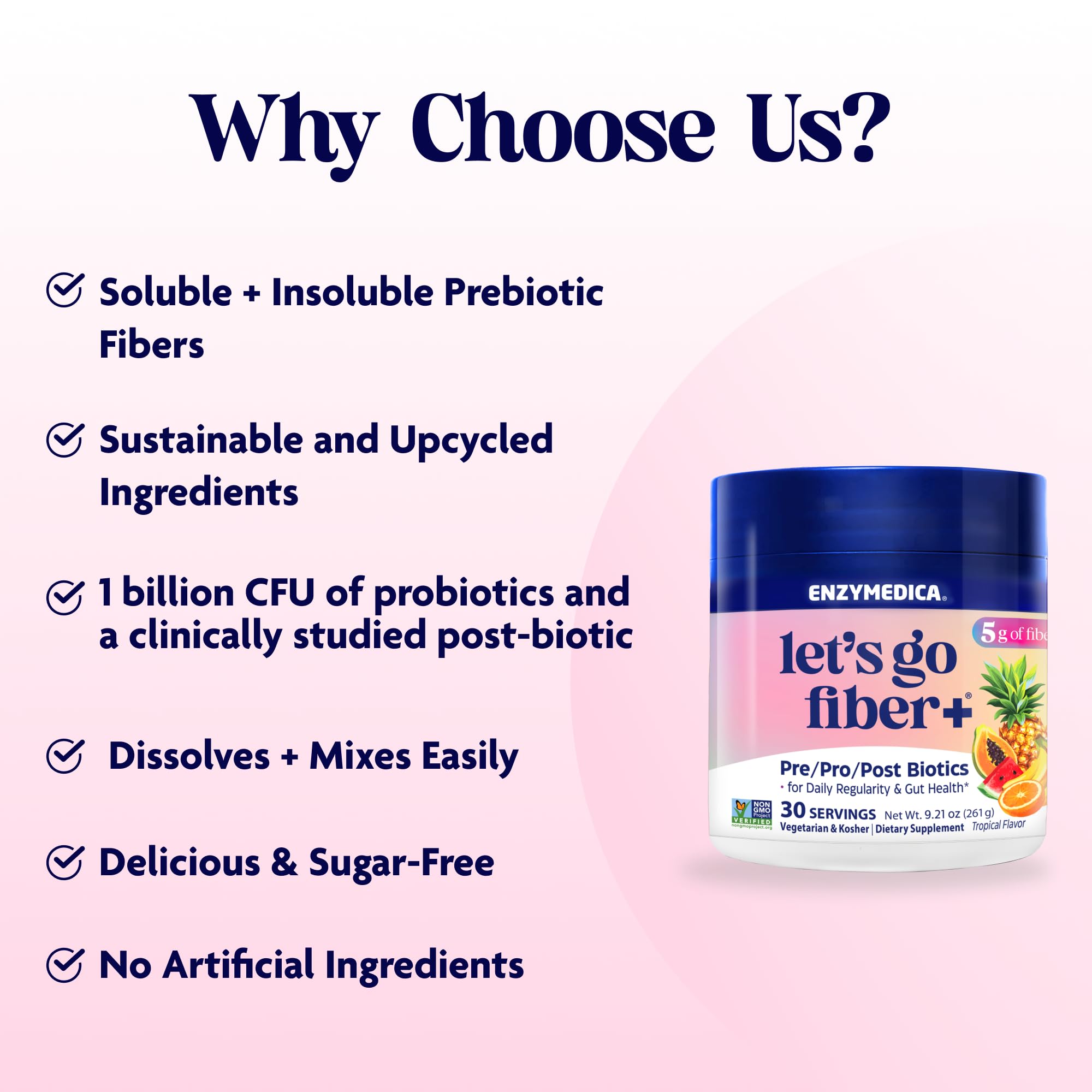 Enzymedica Let's Go Fiber+ Prebiotic Powder container with measuring scoop