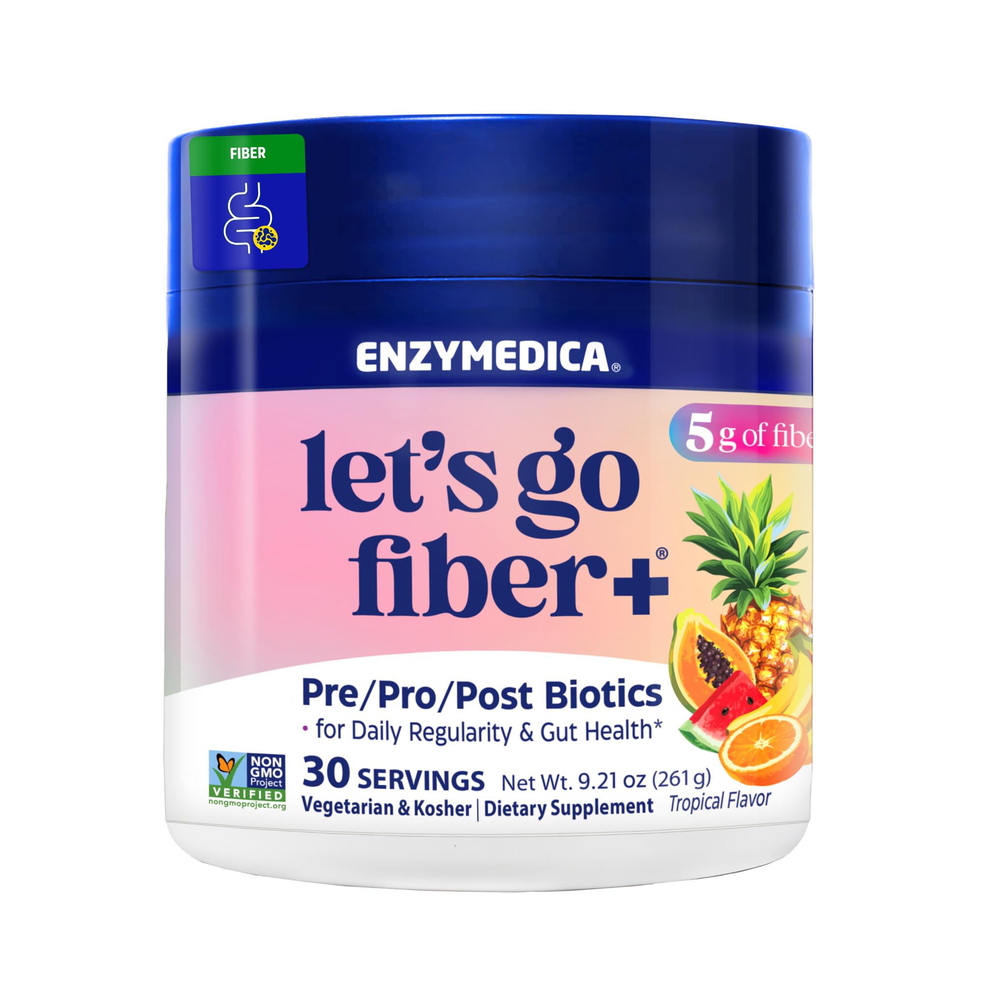 Enzymedica Let's Go Fiber+ Prebiotic Powder front view with packaging