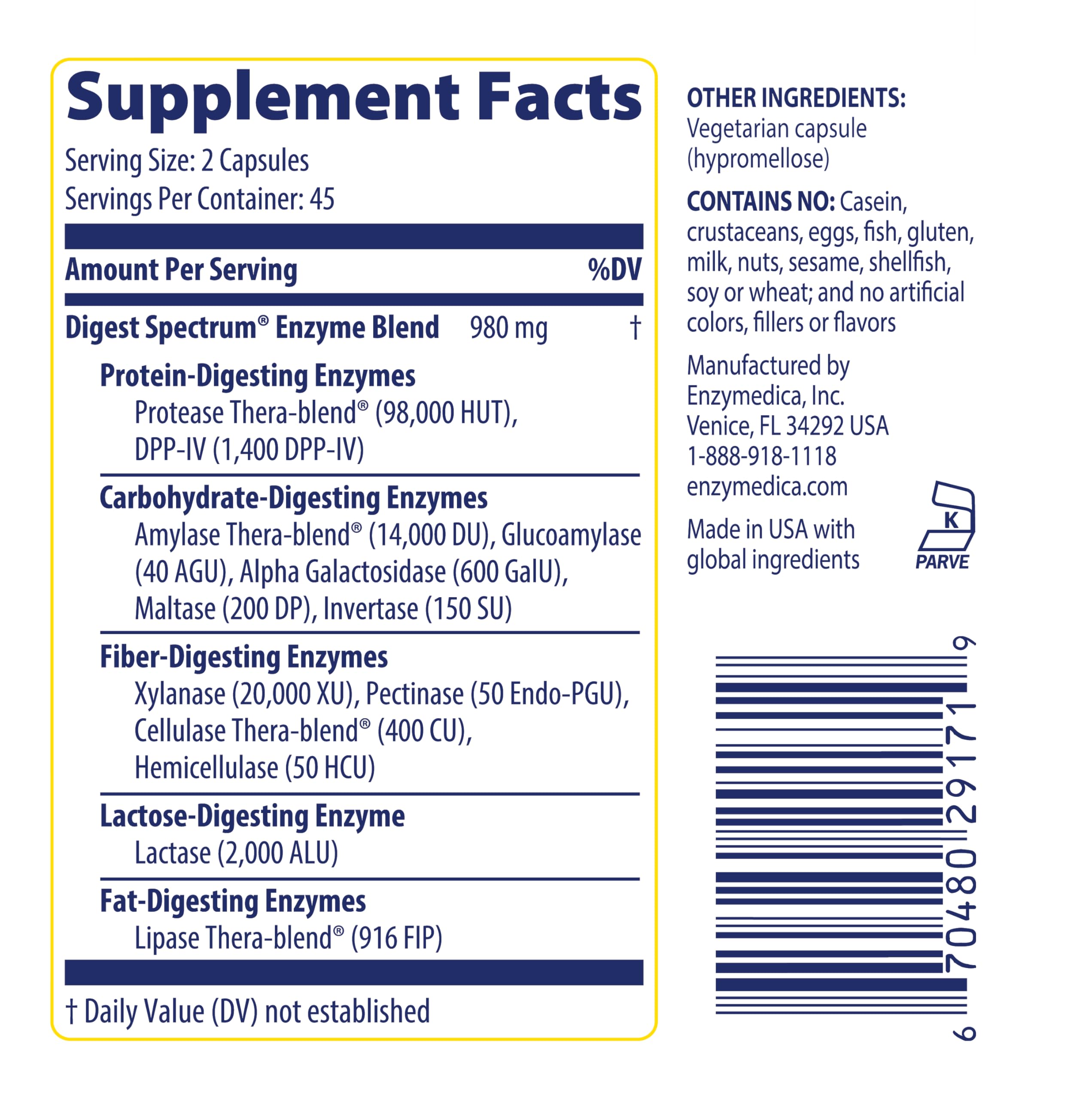 Enzymedica Multi-Enzyme Supplement 90 Capsules packaging details