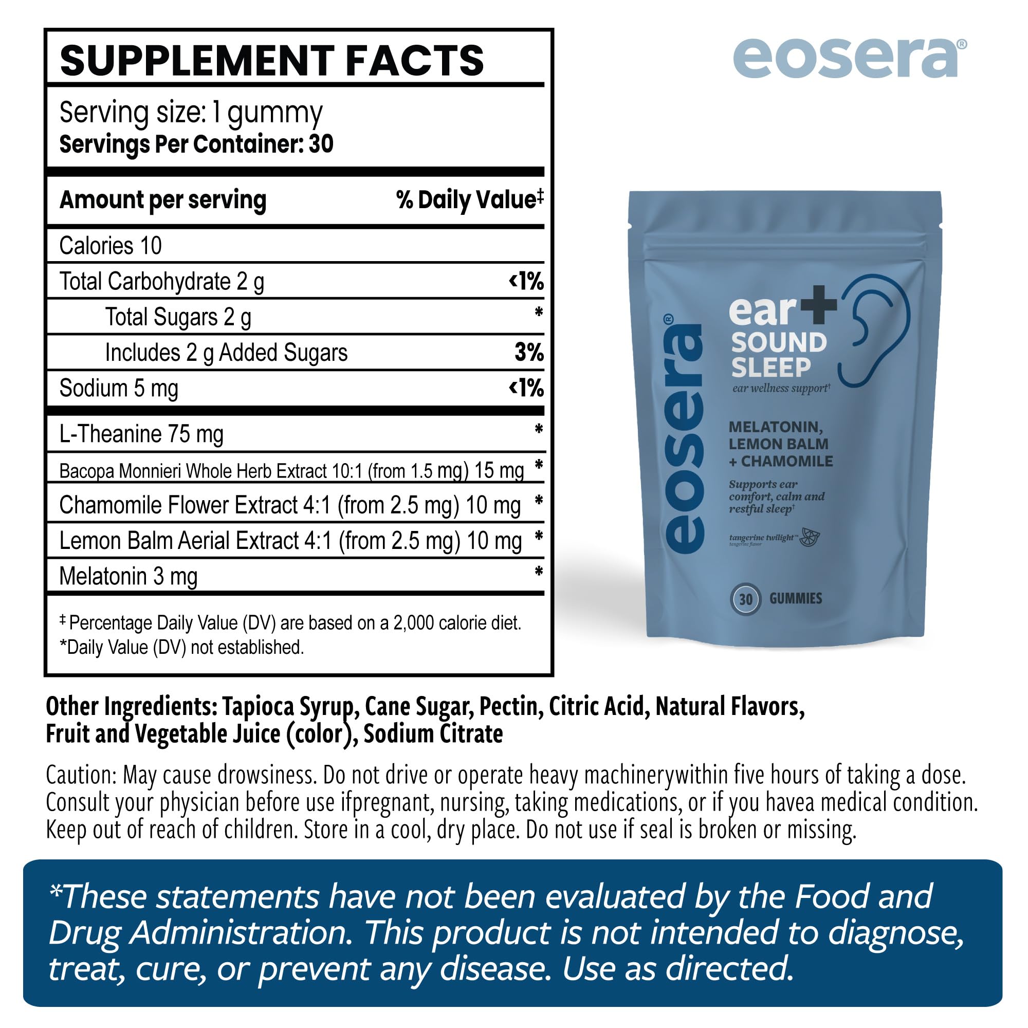 Eosera Ear+ Sound Sleep Gummies ingredients list on the packaging