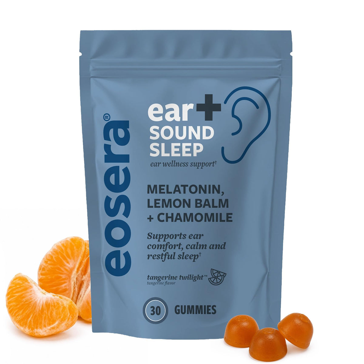 Eosera Ear+ Sound Sleep Gummies jar front view with tangerine flavour