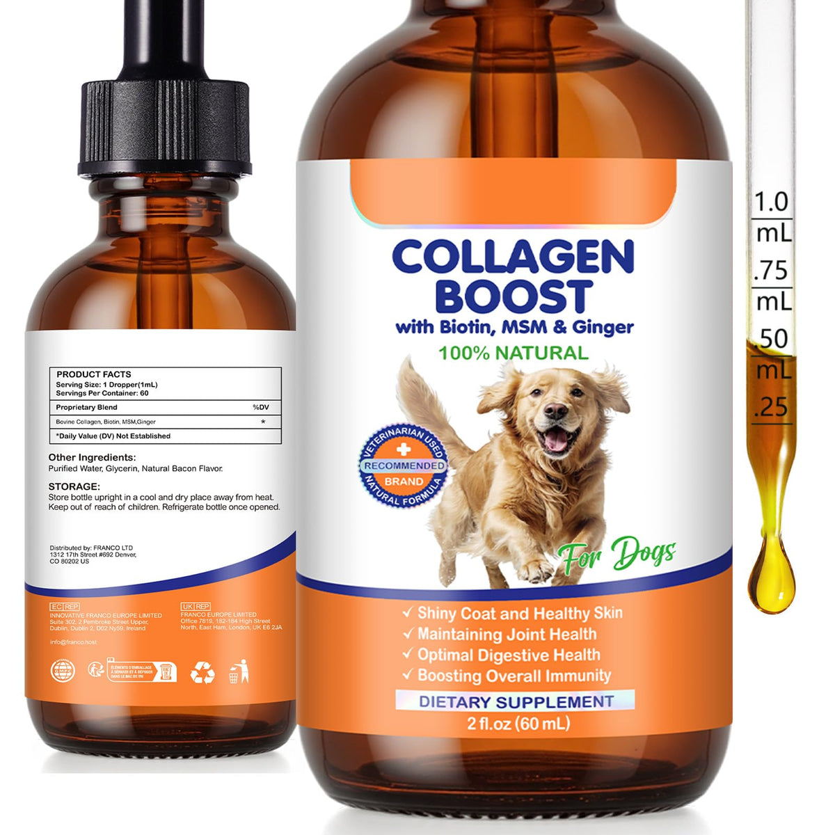 EQEIYICS Liquid Collagen Drops for Dogs front view with packaging