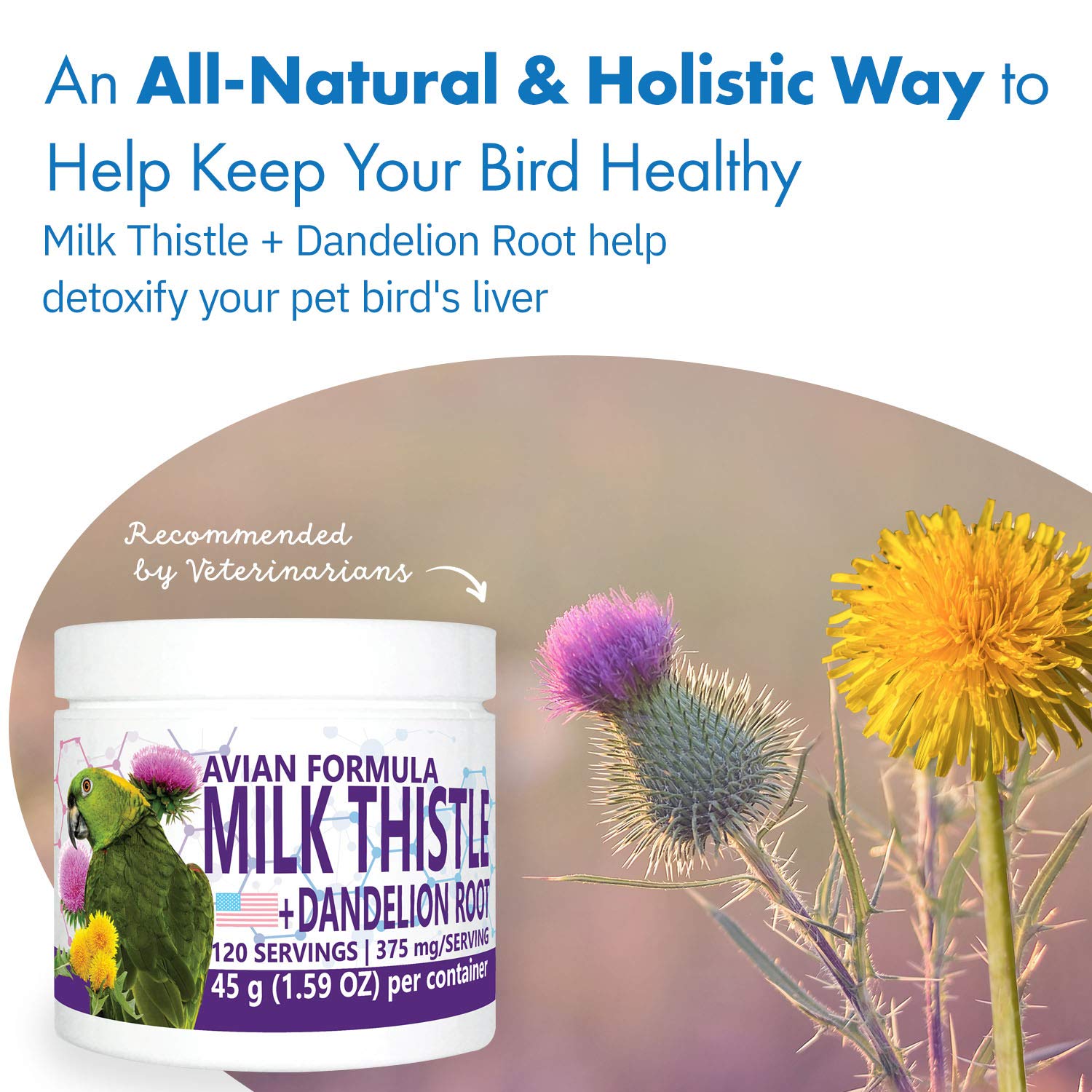 Equa Holistics Avian Milk Thistle + Dandelion Root supplement in a bird's food bowl