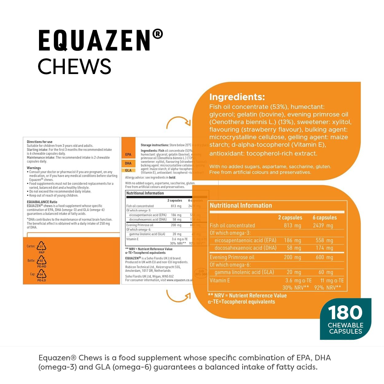 Equazen Fish Oil Chewable Capsules in a hand for size comparison