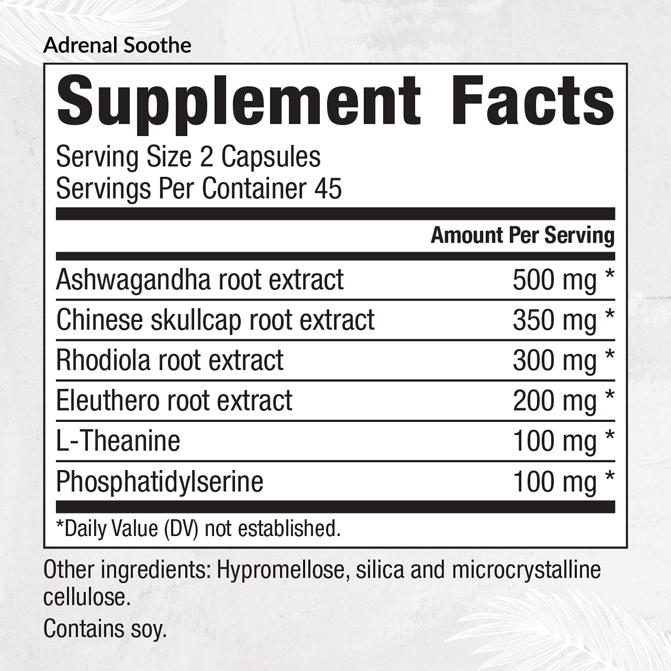Equilife Adrenal Soothe Supplement 100g back view with ingredients