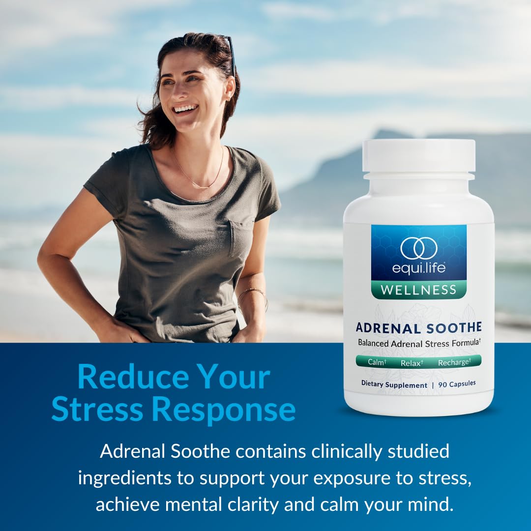 Equilife Adrenal Soothe Supplement capsules on a wooden surface