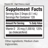 Equilife Liquid Vitamin D3 Supplement 25mcg bottle side view