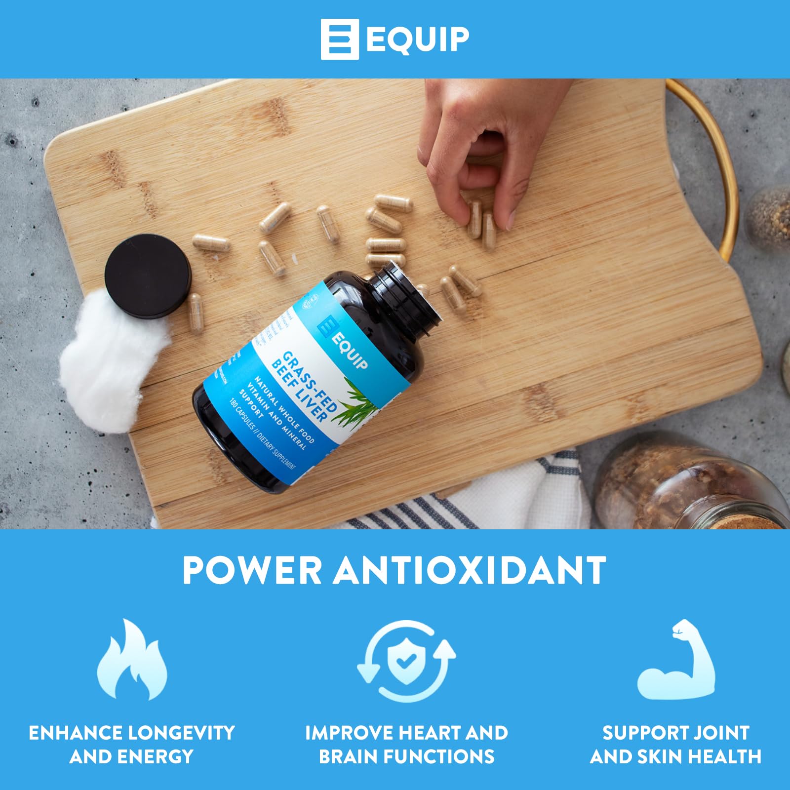 Equip Beef Liver Capsules on a wooden table