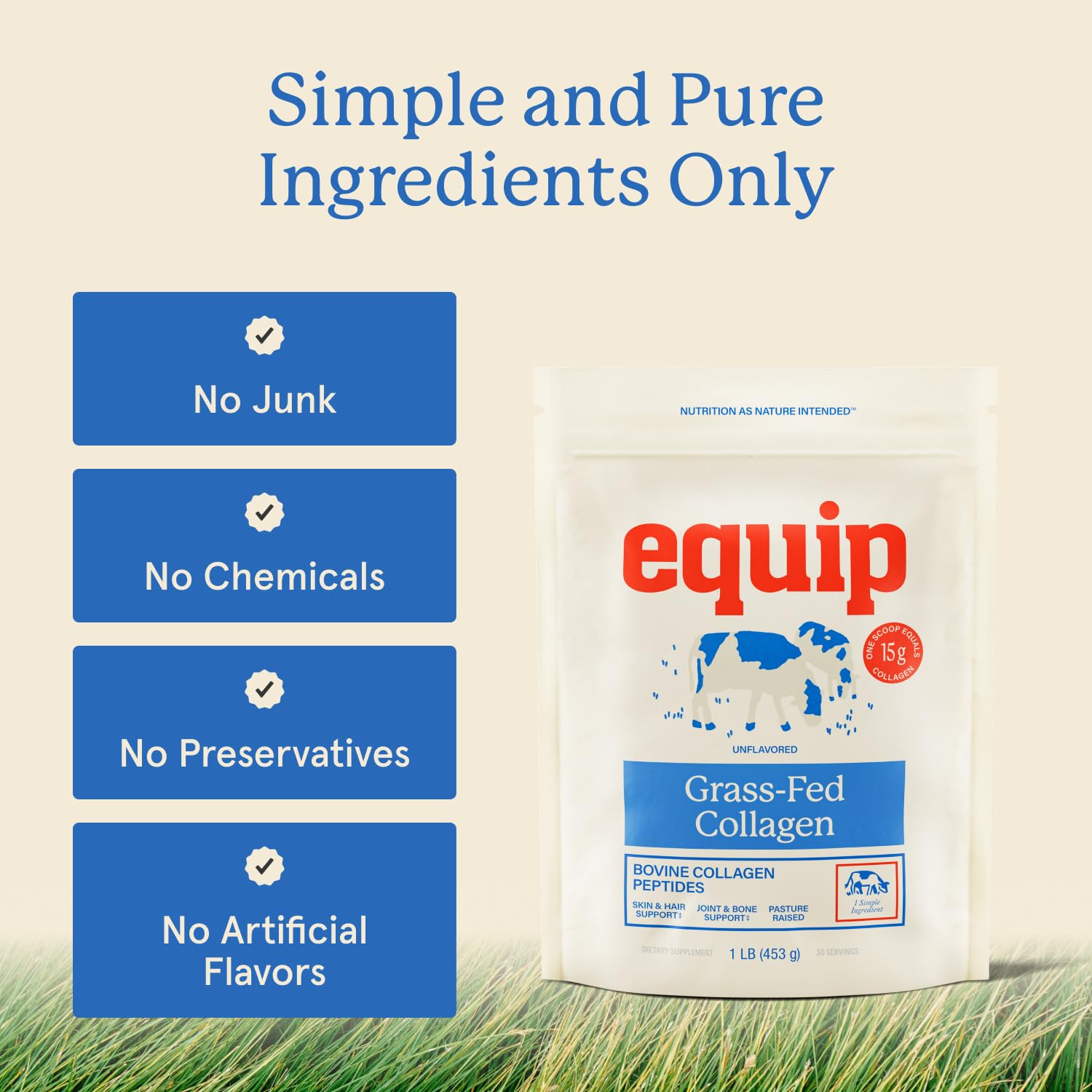 Equip Grass-Fed Collagen Powder 454g mixed in a drink