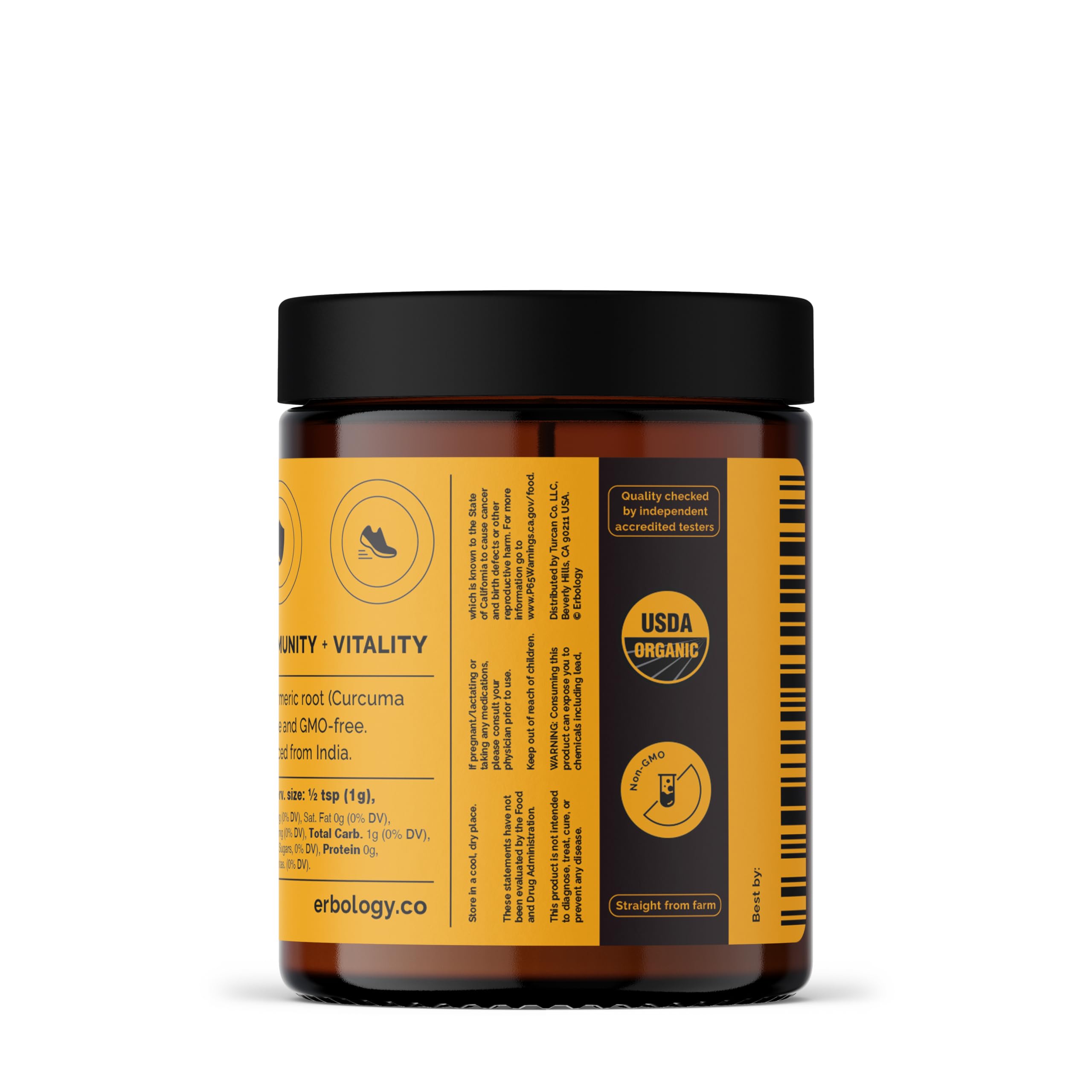 Erbology Organic Turmeric Root Powder 220g on a kitchen counter