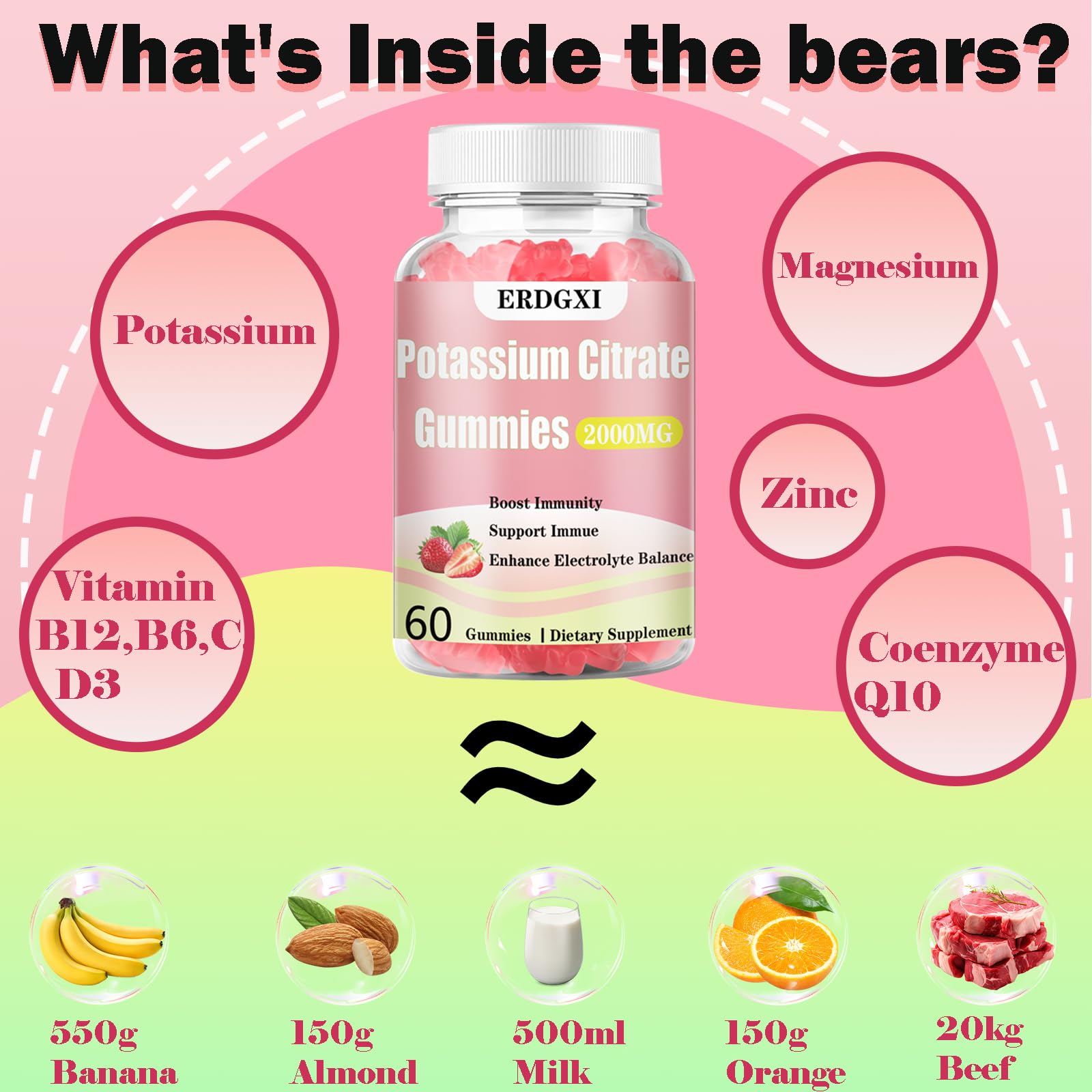 ERDGXI Potassium Citrate Gummies 2000mg strawberry flavour gummies
