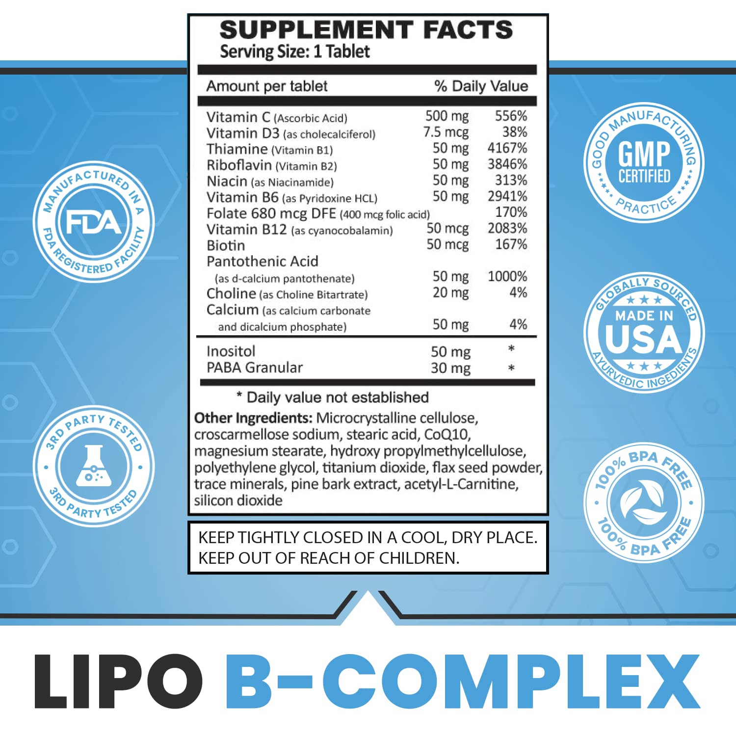 ES Global Brands Lipo B-Complex supplement on a table