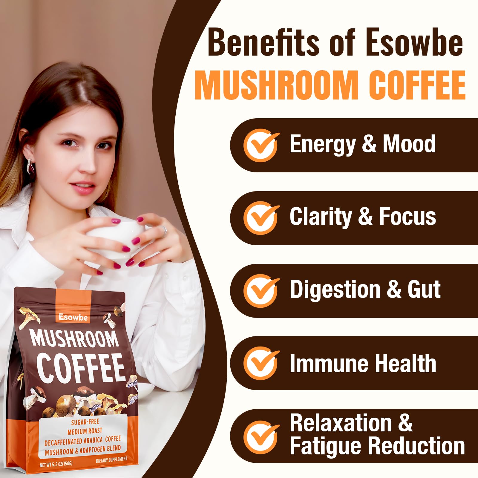 Esowbe Organic Mushroom Coffee Blend in a cup with hot water