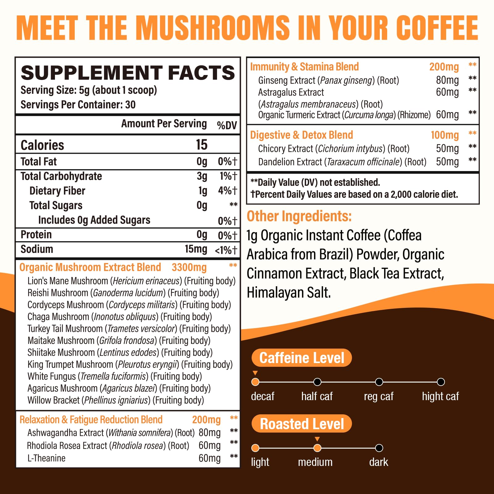 Esowbe Organic Mushroom Coffee Blend showing ingredients list