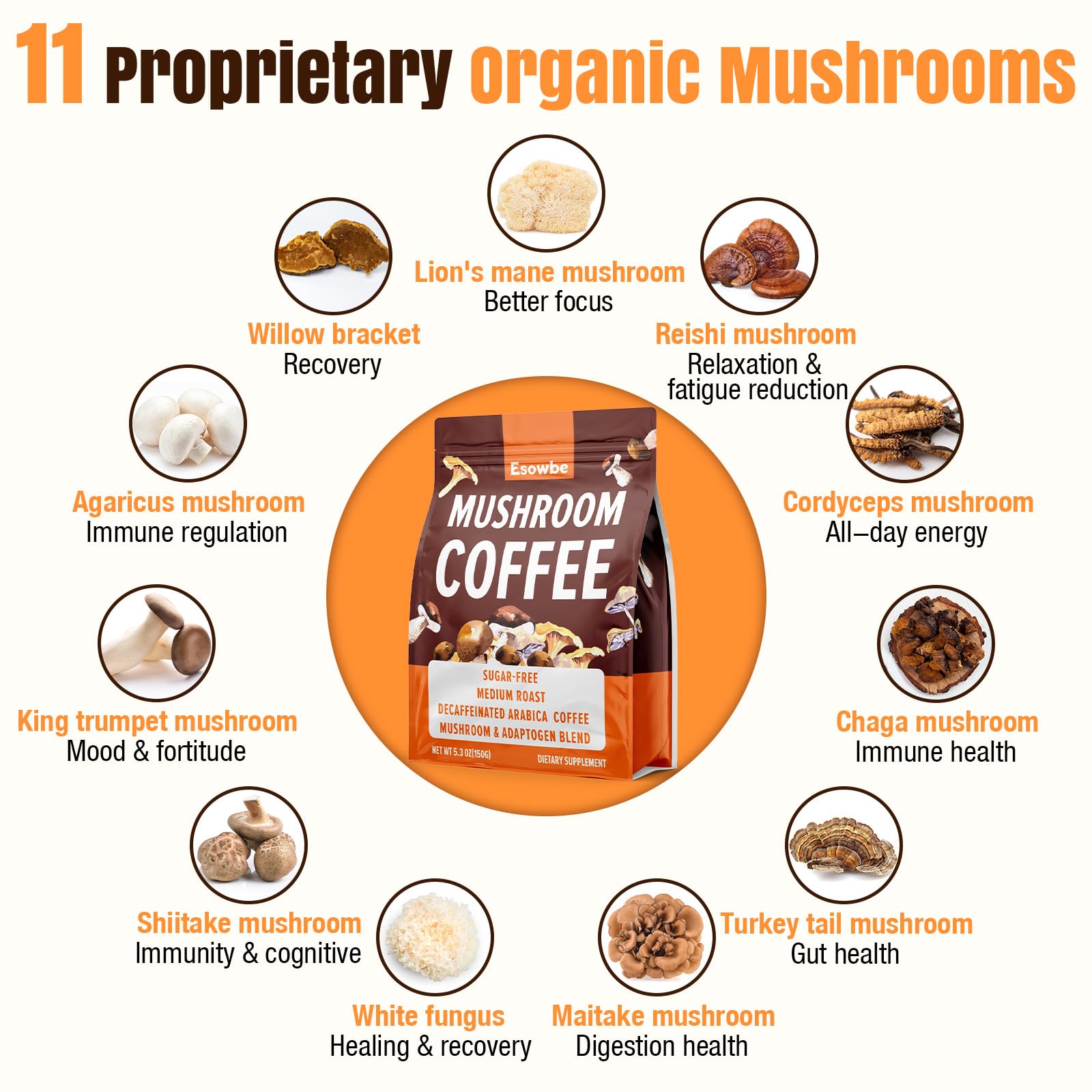 Esowbe Organic Mushroom Coffee Blend spoonful on a table