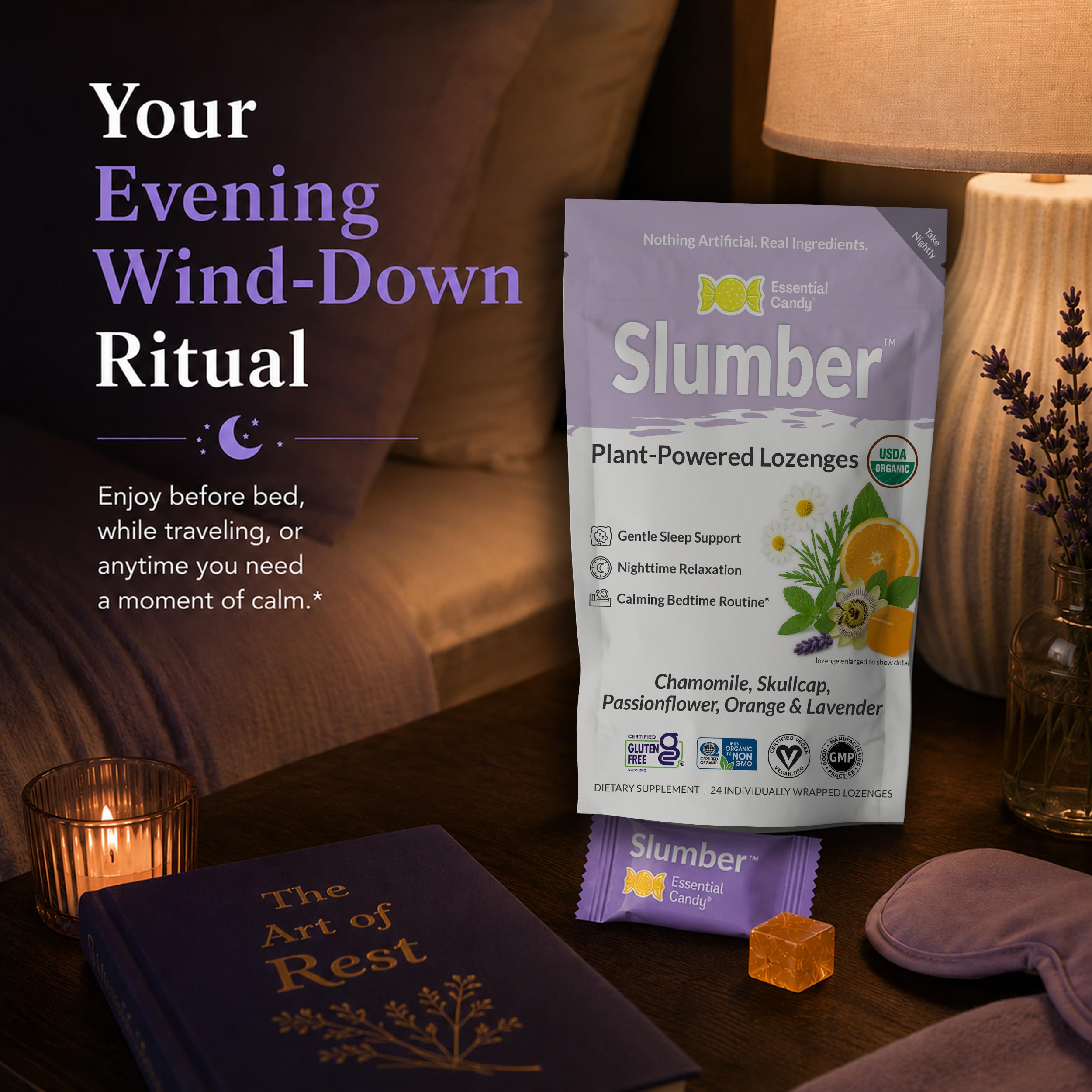 Essential Candy Sleep Supplement Slumber Blend on a nightstand