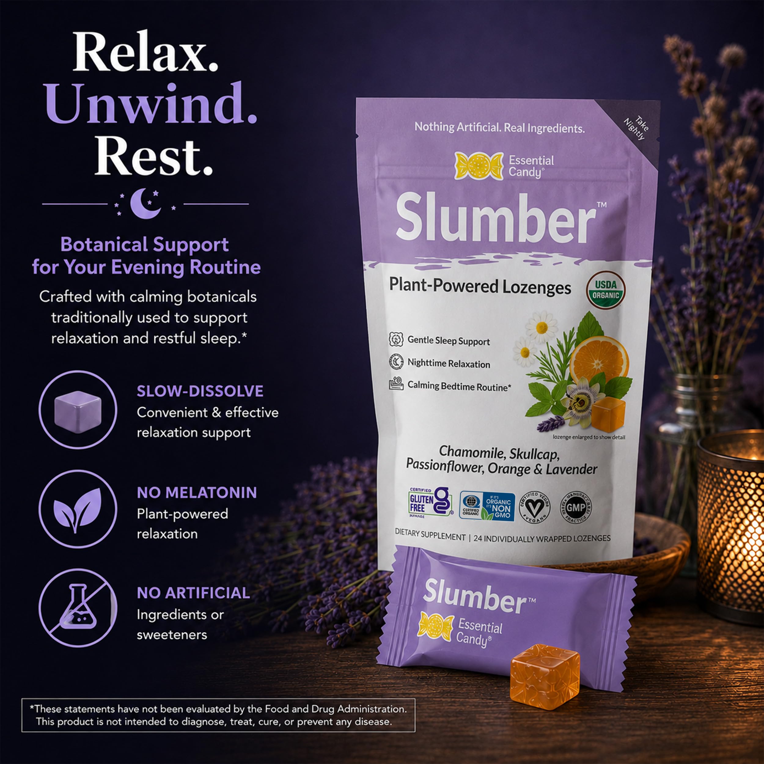 Essential Candy Sleep Supplement Slumber Blend side view packaging