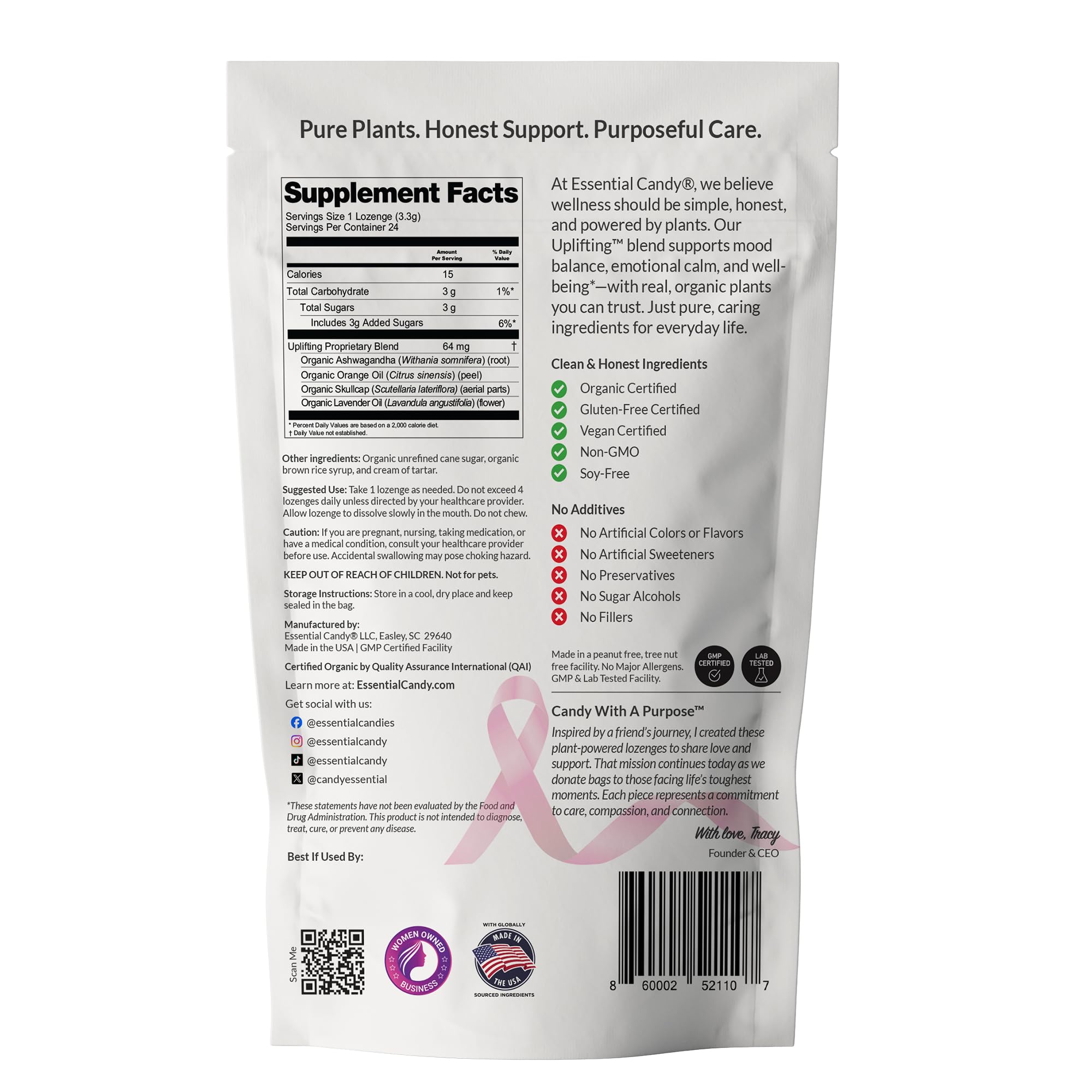 Essential Candy Uplifting Blend Lozenges back view with ingredient list